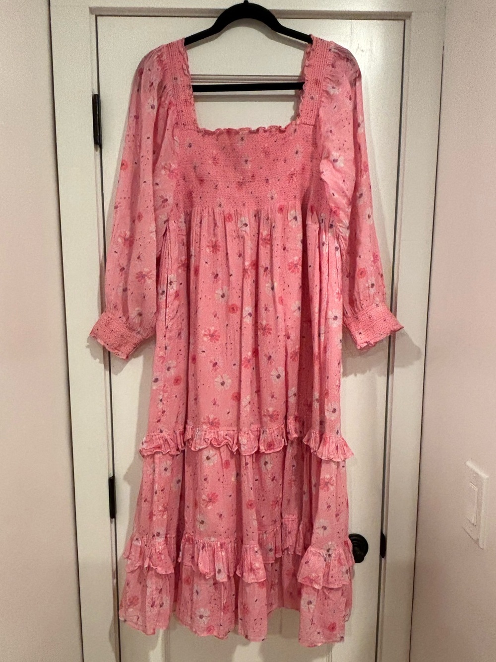 LoveShackFancy Miri Dress Coral Blaze Pink Floral Smocked Ruffled Hem Womens XL - Picture 8 of 16